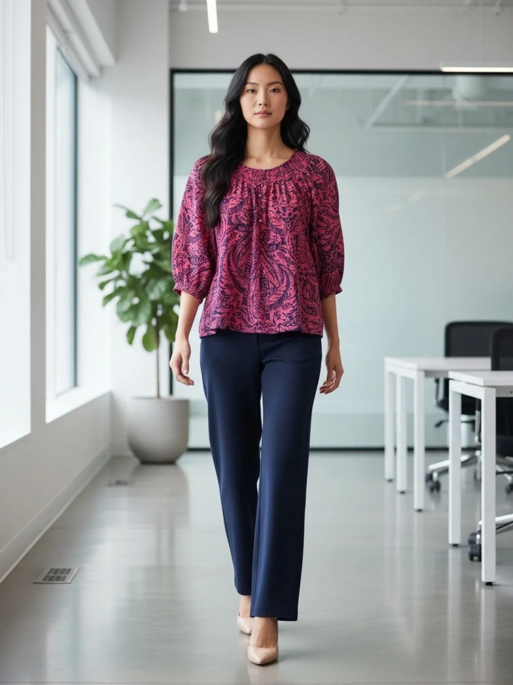 BANANA REPUBLIC | Pink & Navy Abstract Print Smocked Blouse | Size L